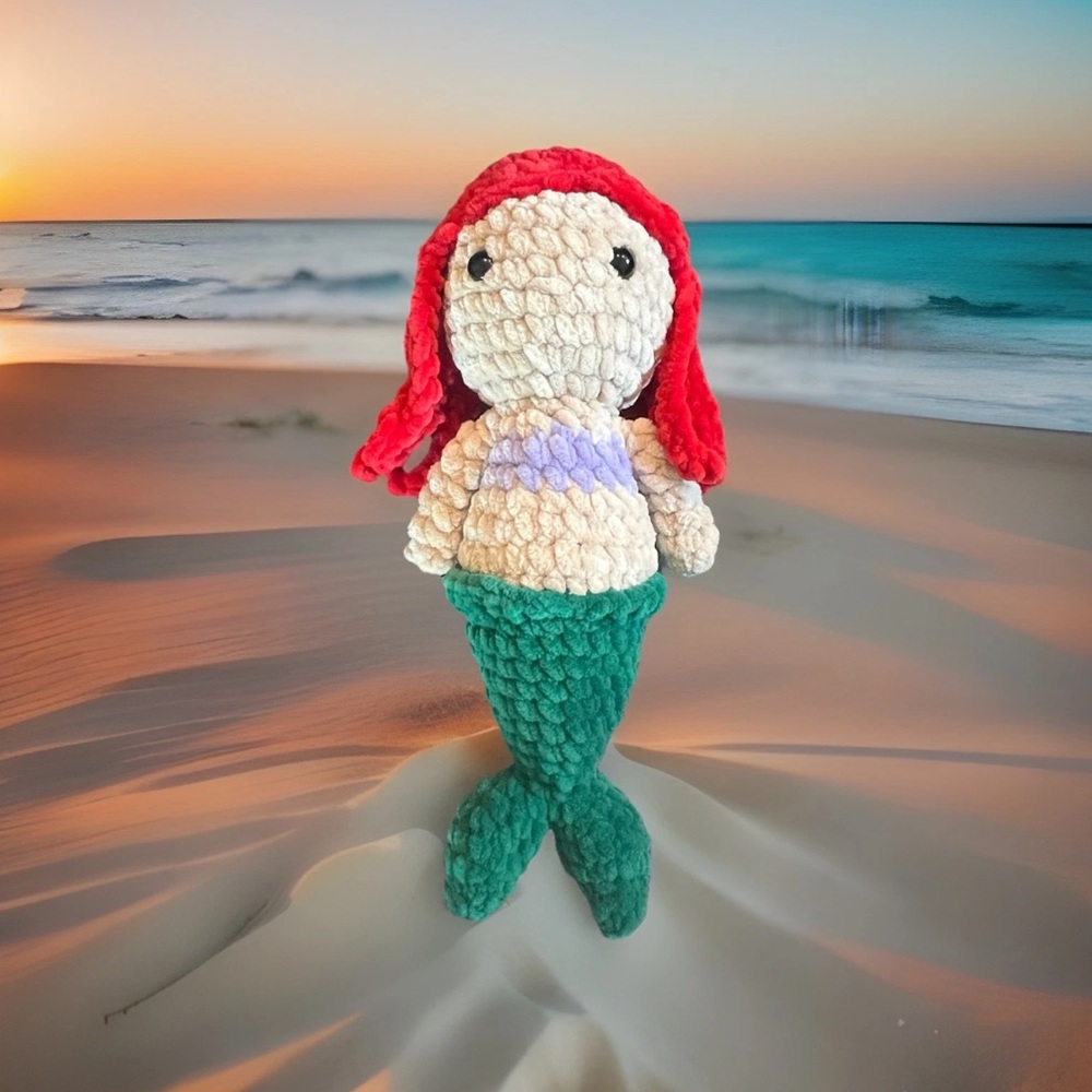 Handmade Crochet Mermaid “Ariel” Doll Plushie - Red and Green
